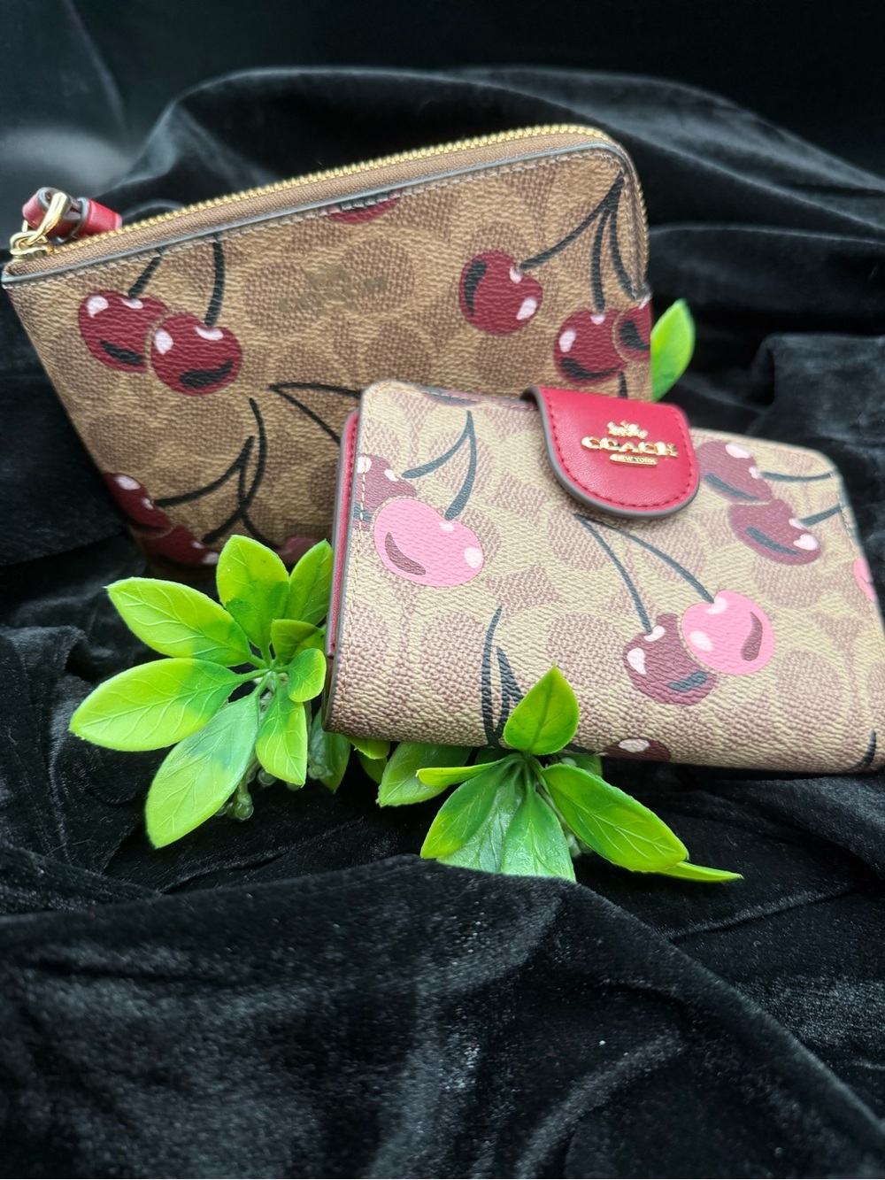COACH Cherry Print Zip Wristlet and Medium Zip Wallet - Pink/Tan